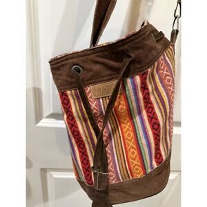 Boho Woven Bucket Bag Leather Trim Drawstring Crossbody Southwest Stripe